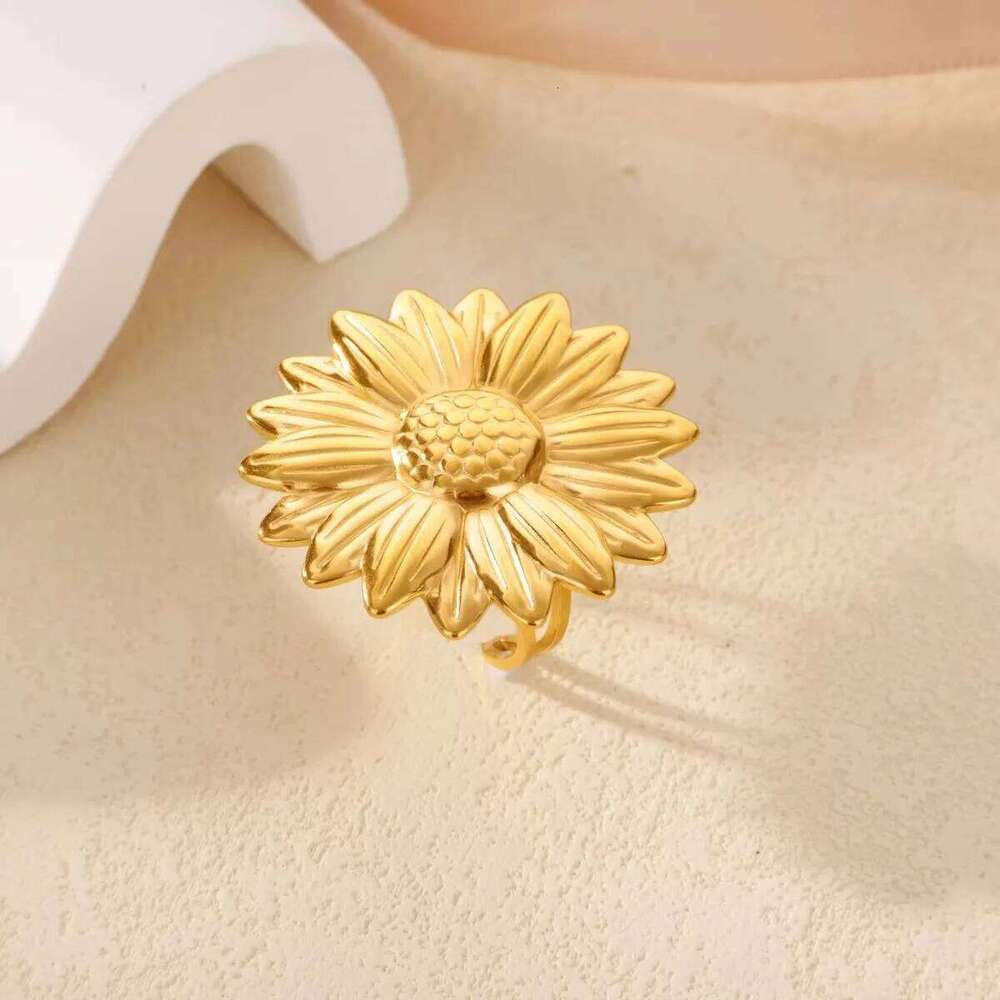 Exaggerated Big Bloom Flower Rings For Women Gold Color Stainless Steel Sunflower Open Finger Ring Female Fashion Jewelry Gifts H260312