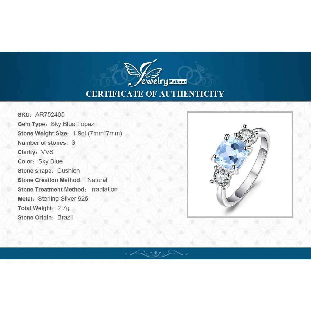 JewelryPalace 1.9ct Square Natural Sky Blue Topaz 925 Sterling Silver 3 Stone Ring for Women Gemstone Jewelry Wedding Gifts H260312