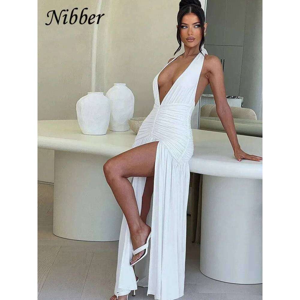 Nibber Elegant Women Long Dresses Solid Hipster Halter V-neck Backless Shirring Side Split Vestidos Female High Street New Robe C260312