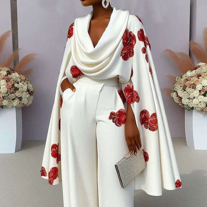European And American Women S Fashion New Product Printed Pile Collar Sleeve Two Piece Long Pants Set