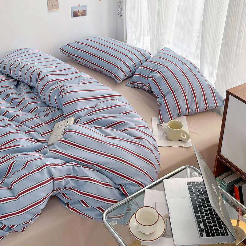 Simple Style Red And Blue Strip Duvet Cover Bed Sheet Washed Cotton Bedding Set H260312