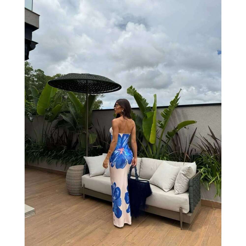 Fashion Milk Silk Fabric Floral Print Sexy Long Dresses Elegant Backless Bodycon High Waist Midi Dress 2025 Summer Vacation Boho C260311
