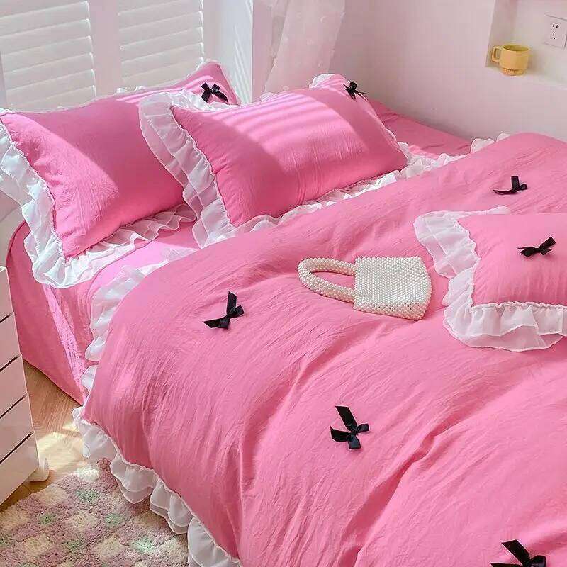 French Ins Princess Style Lace Four-piece Washed Cotton Embroidered Quilt Cover Set Bow Girly Heart Bed Sheet Three-piece H260312