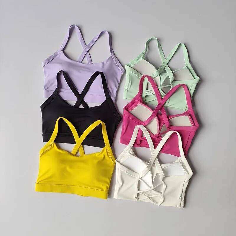 Women's Solid Color Underwear Fitness Bra Soft Cross Push-Up Gym Sports with Chest Pad Yoga Vest Sport Crop Top 26Y0312