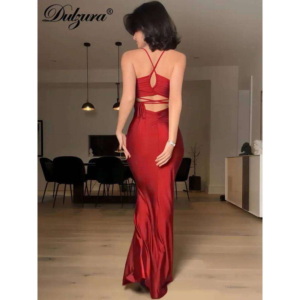 Dulzura Sleeveless Backless Lace Up Cami Maxi Dress Sexy Elegant Bodycon Outfit For Prom Evening Party Club Autumn Winter C260312
