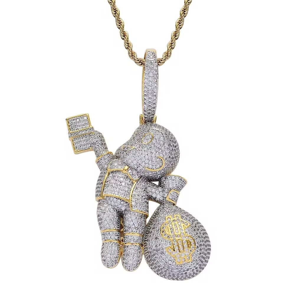 New Large Size High Quality S925 Moissanite Stones Cartoon Men Money Bag Necklace Hip Hop Pendant Jewelry Bling Iced Out Rock New