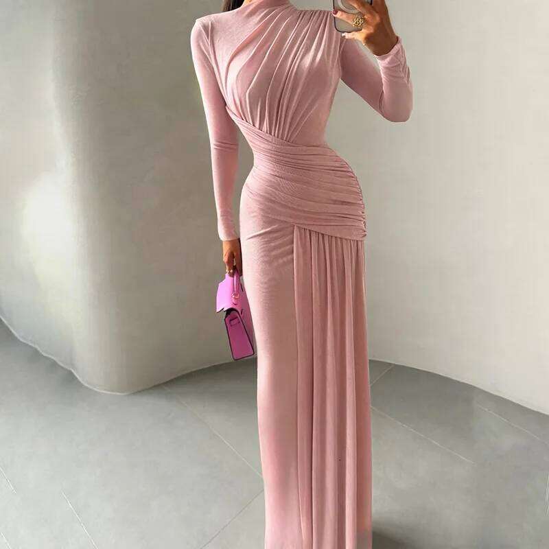 Sexy Tight Pleated Women's Party Long Casual Solid Color High Waist Commuting Dress 2025 Autumn O-neck Velvet Maxi Dresses C260312