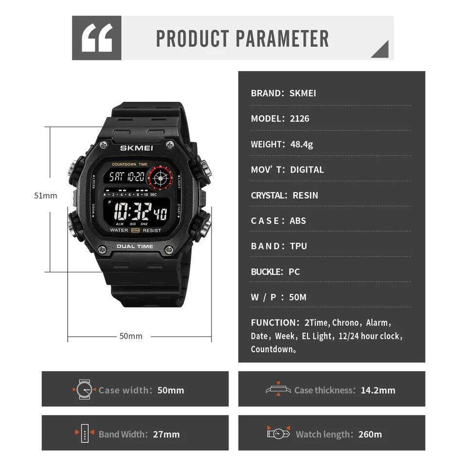 SKMEI 2126 Digital Countdown Sports Watch for Men LED Display Waterproof Stopwatch Mens Wristwatches Alarm Clock Montre Homme
