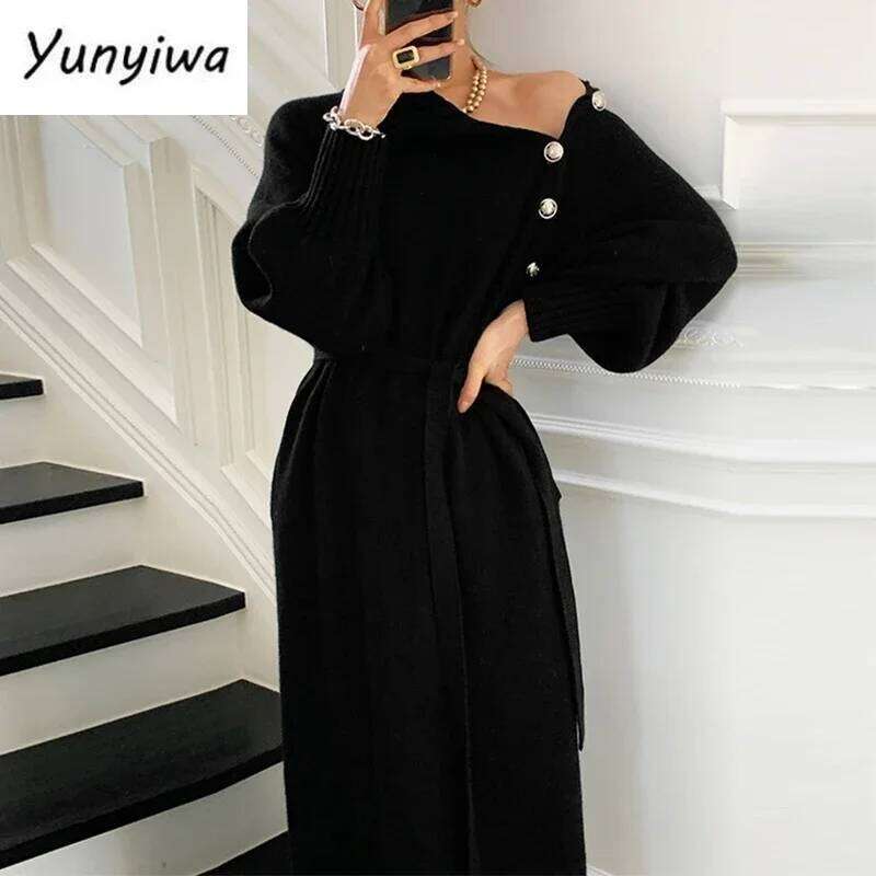 Winter Turtleneck Buttons Women Knitted Elegant Full Sleeve Lace-up Female Thicken Long Dress for Sweater Autumn New C260312