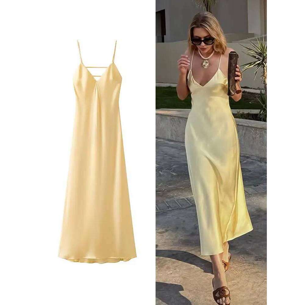 HH Women Summer Yellow Stain V Neck Sling Dress Elegant Sleeveless Loose Maxi Robes 2025 New Ladies Party Holiday Dresses C260311