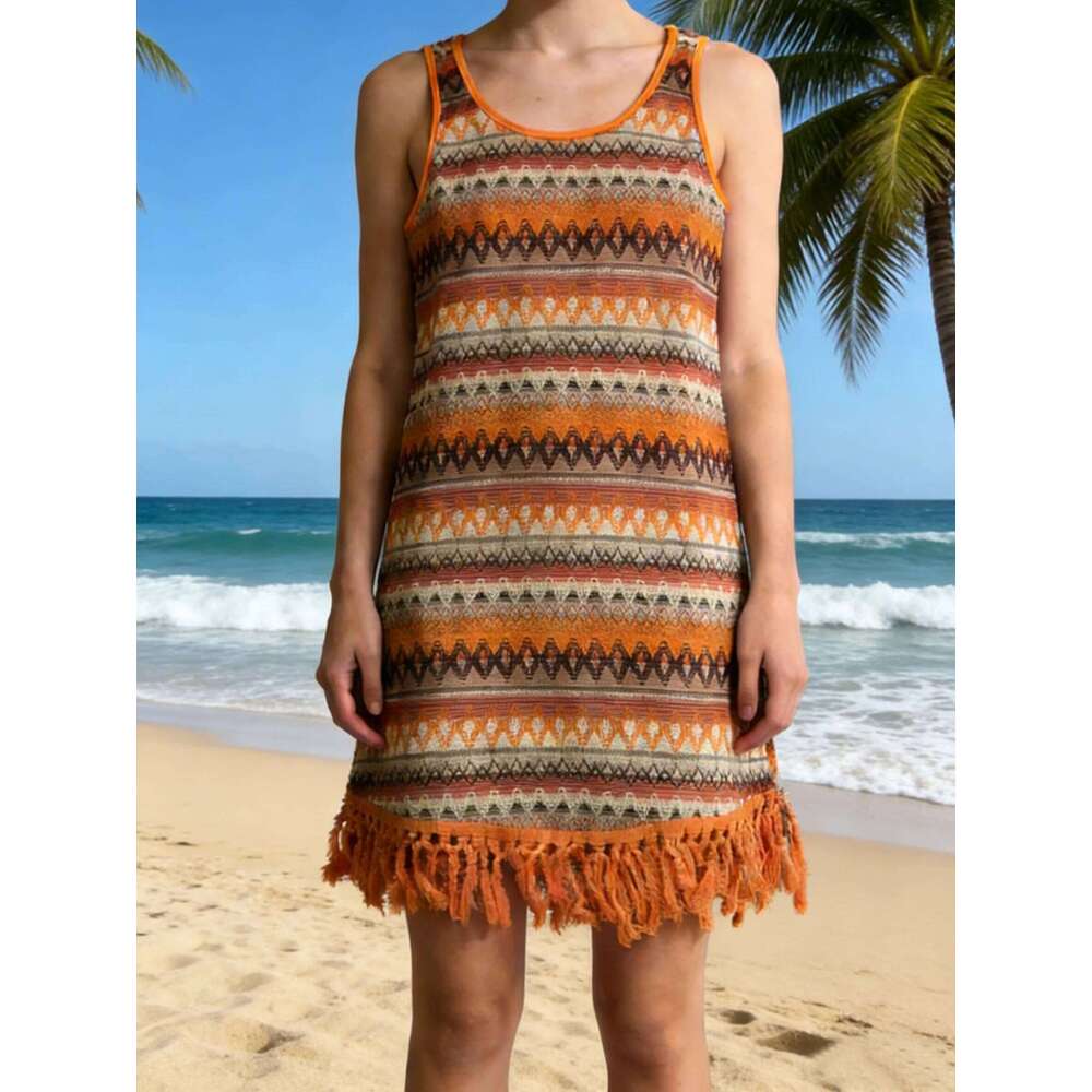 Retro Geometric Sleeveless Tank EU/US Style Orange-Brown Fringe Hem Knit | Summer Beach Casual Mini Dress C260312