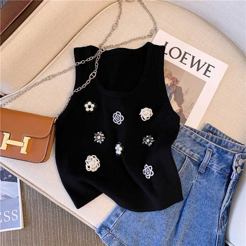 Flower Beaded Knitted Vest Sling Womens 2024 Summer High Quality Sweet Fashion Outer Wear Sleeveless T-Shirt TopT260312