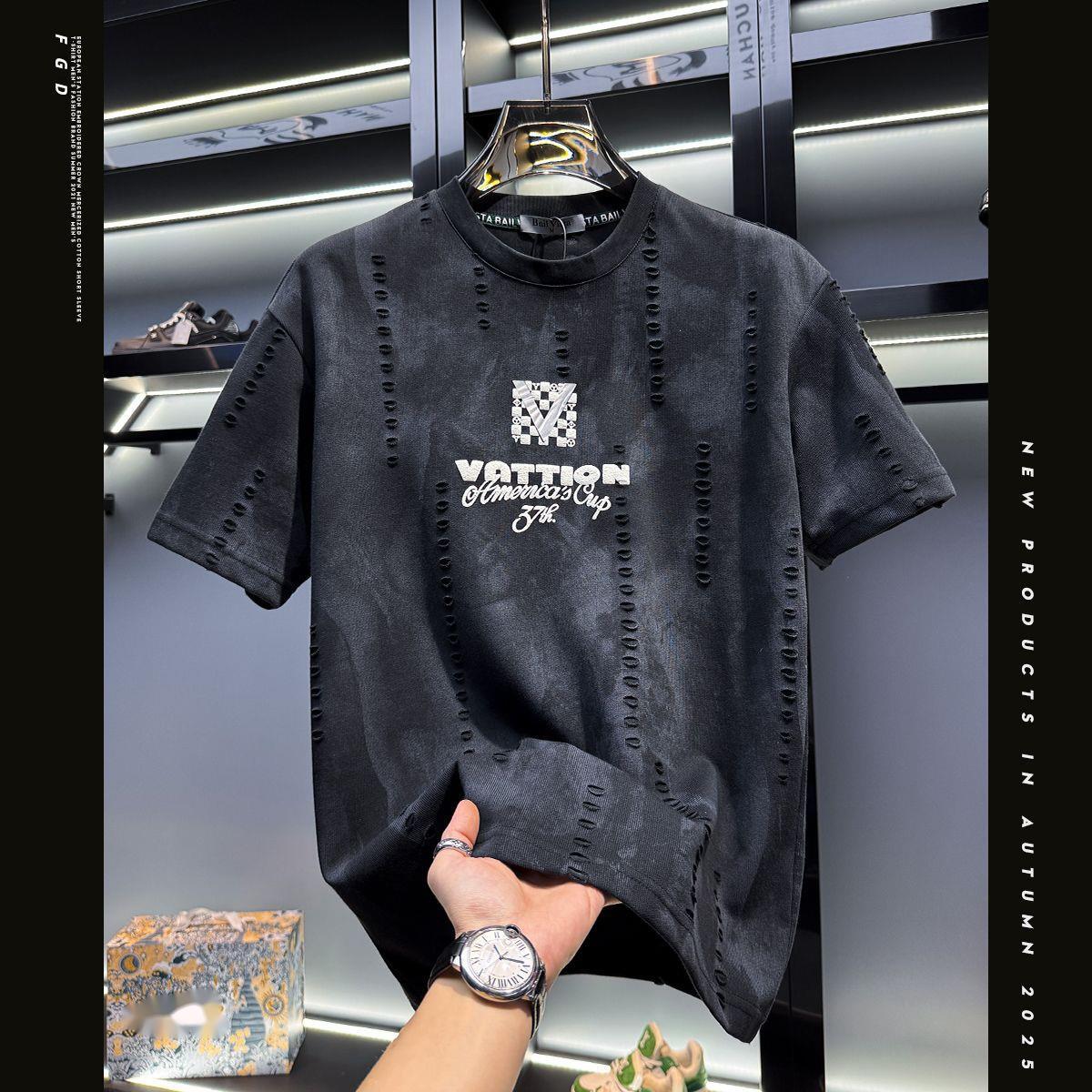 Luma hop European Men's High-End Design Sense Distressed Crew Neck Short T-Shirt Men 2025 New Trendy Brand Summer American Style Half Sleeve