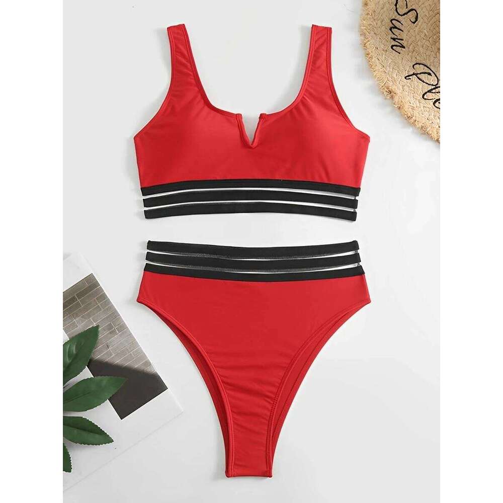 2025 Sexy V Wire Swimsuit Women Solid High Waist Bikini Black Mesh Trim Swimwear Female Padded Bathing Suit Swimming Beachwear Y260303