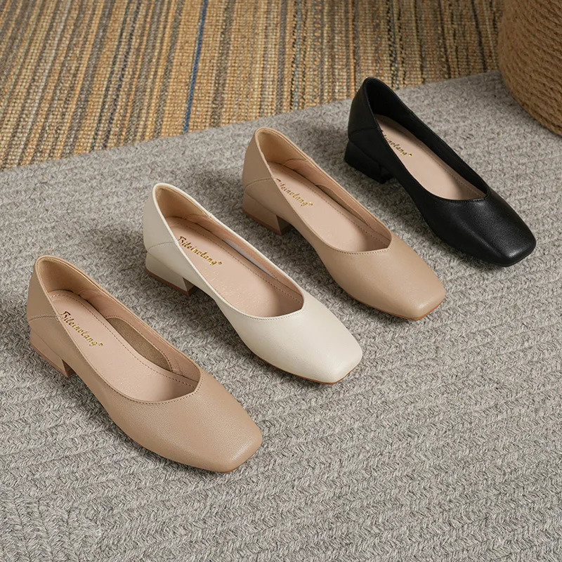 Woman Elegant Square Toe Concise Black 4CM High Heel Female Shallow Retro Mary Janes Comfortable Cute Loafers Lolita Shoes 260306