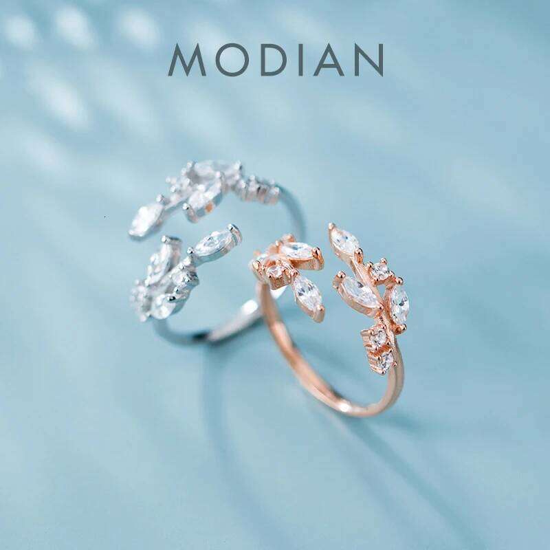 Modian Rose Gold Color Shining AAA Zircon Leaves for Women 925 Sterling Silver Wedding Engagement Ring Jewelry Free Size H260312