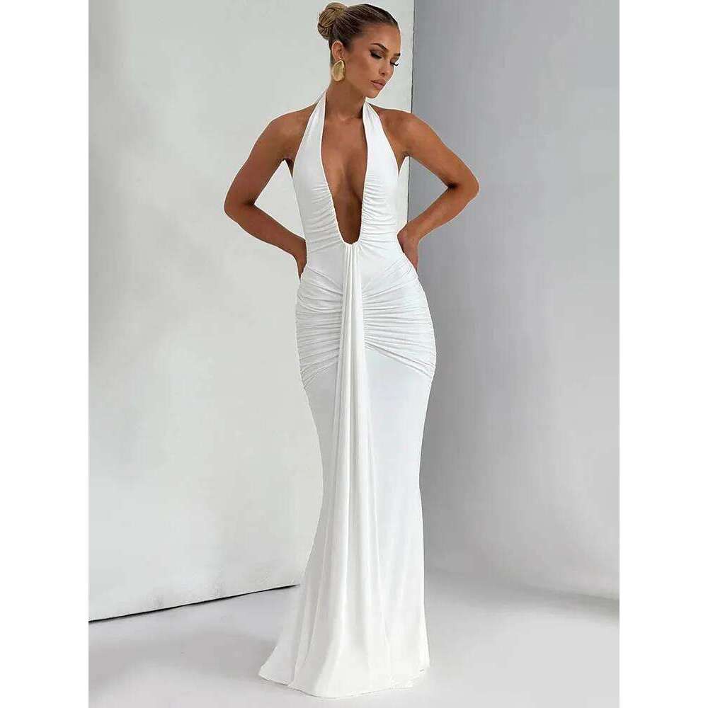 Mozision Deep V Neck Draped Ruched Sexy Maxi Women Summer Fashion Halter Sleeveless Backless Club Party Long Dress Elegant C260311