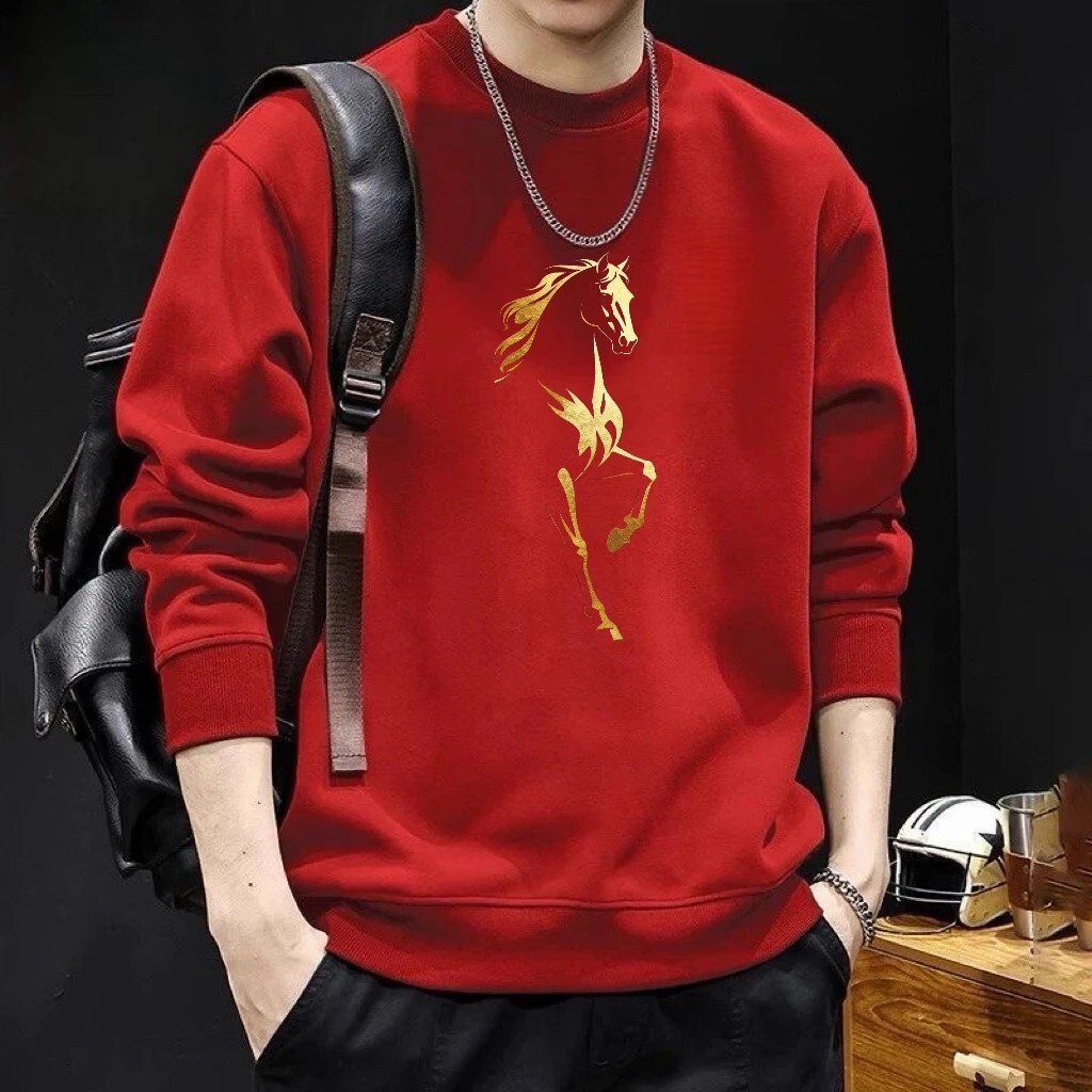 2026 New Trendy Red Swetshirt With Horse Print For Men Autumn/winter Round Neck Design Fleece-lined Long Designer Hoodie Sleeve Bse Shirt