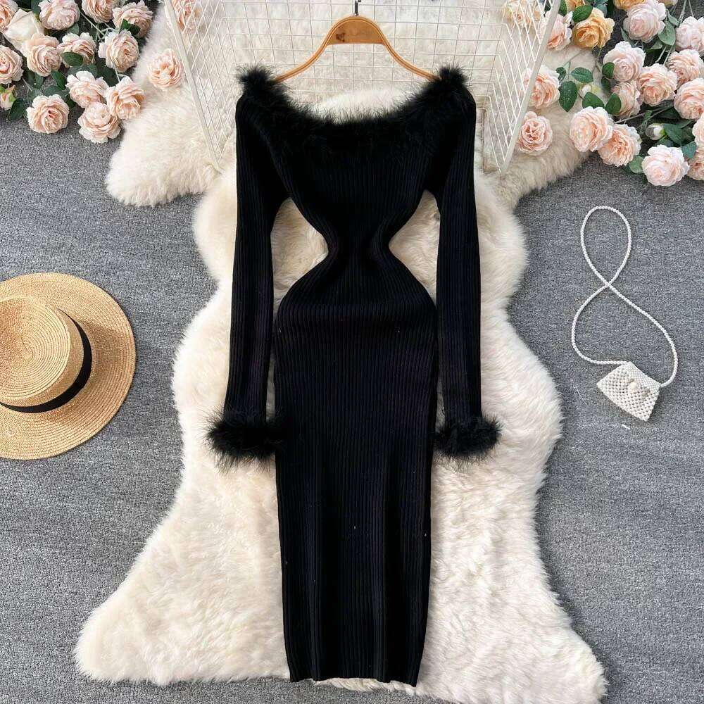 Skash Neck Strecth Solid Sexy Sweater 2026 Women Sleeve Midi Long Autumn Streetwear Knitted Bodycon Dress C260312
