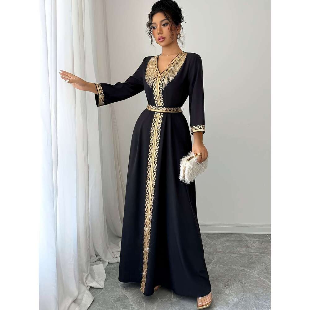 New Middle Eastern cross-border foreign trade Muslim robe, three-quarter sleeve women's lace tassel dress, elegant and feminine