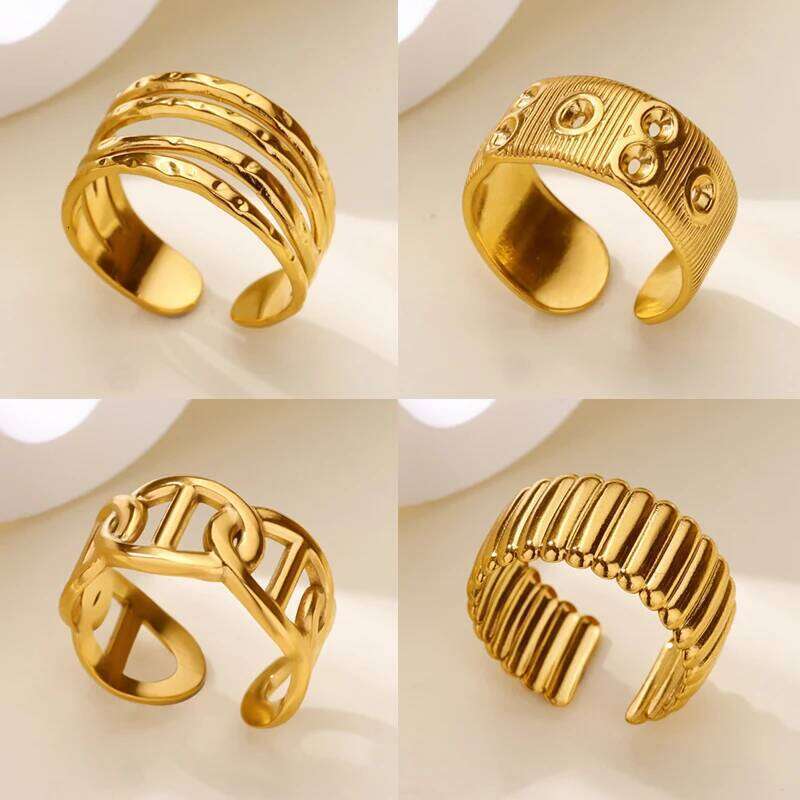 Stainless Steel Layered Rings for Women Open Adjustable Gold Color Geometric Textured Ring Aesthetic Wedding Waterproof Jewelry H260312