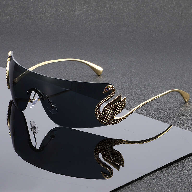 Fashion Diamond-Embellished Swan-Ear Sunglasses, Personalized Women's Sun Protection Versatile Rimless One-Piece Glasses