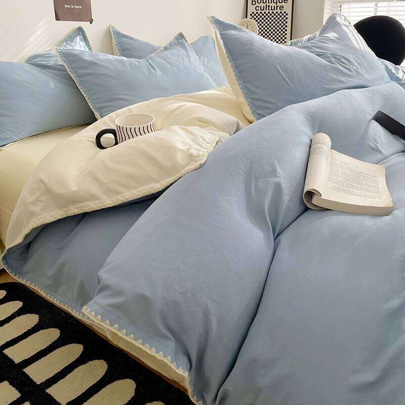 Simple Washed Cotton Linen Bedding Four Piece Flat/Fitted Sheet Comforter Set Full Double Couple Bed Quilt Cover H260312