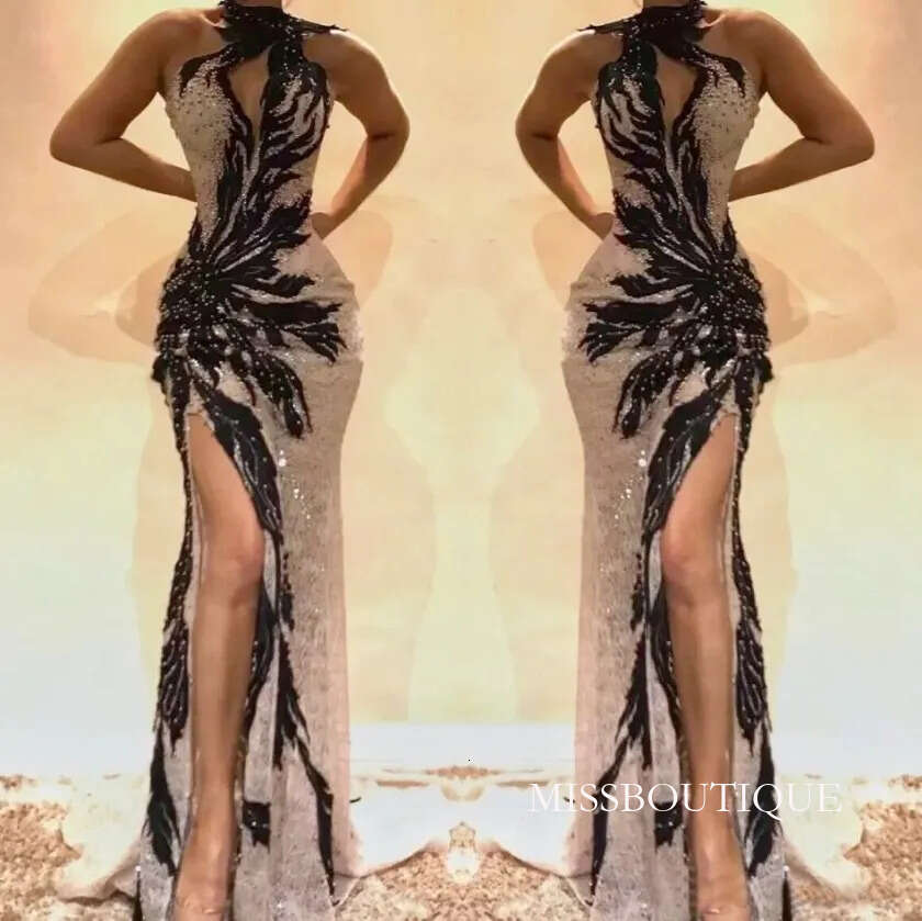 Split Side High Lace Mermaid Prom Dresses Keyhole Neck Crystal Beaded Backless Evening Gowns Hollow Out Front Celebrity Dress N22 B0312