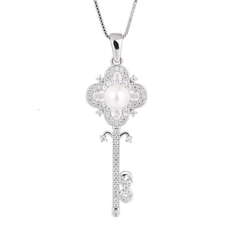 Full Diamond Key Necklace Imitation Natural Pearl Collarbone Chain Pendant