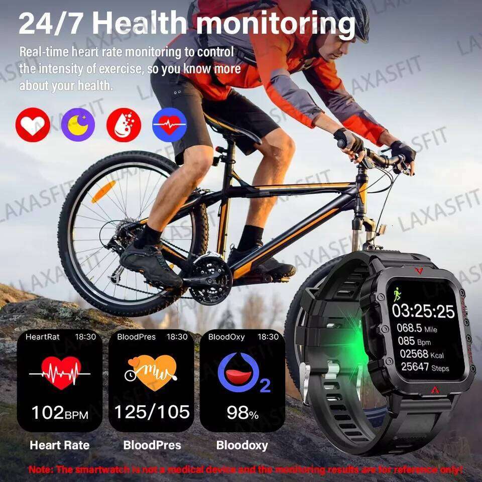 LAXASFIT 2026 Outdoor Sports Smart Watch Men's & Women's Fitness Tracker Heart Rate Monitor with LED Flashlight Smartwatch