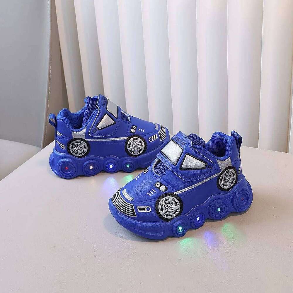 Diseny Kids'Casual Led Light Car Club Cartoon PU Leather Spring For Children Anti-slip Red Blue Shoes Size 21-30 H260312