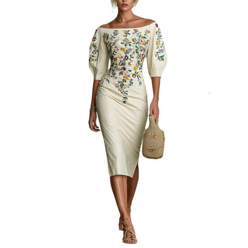 Spring Elegant Floral Print Slim Female Clothing Sexy Slash Neck Hollow Slit Party Dresses Woman Casual Half Sleeve Embroidered Waist-cinching Holiday