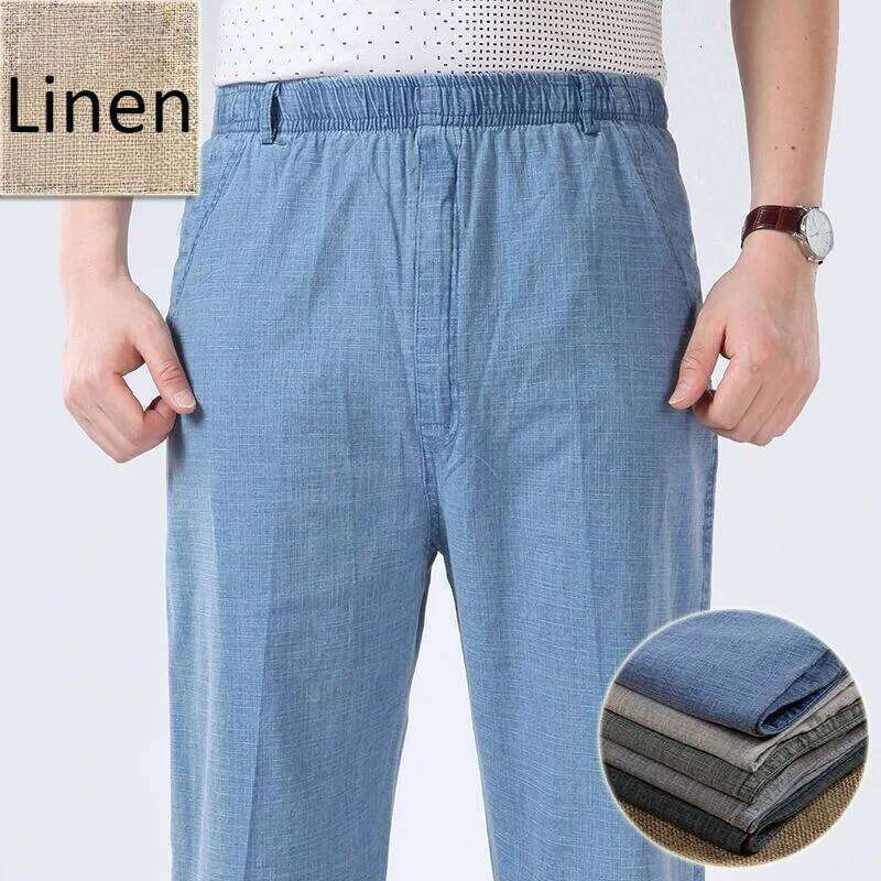Mens Cotton Linen Long Summer Elastic Trousers Solid Breathable High Waist Loose Leisure Resort Thin Straight Pants