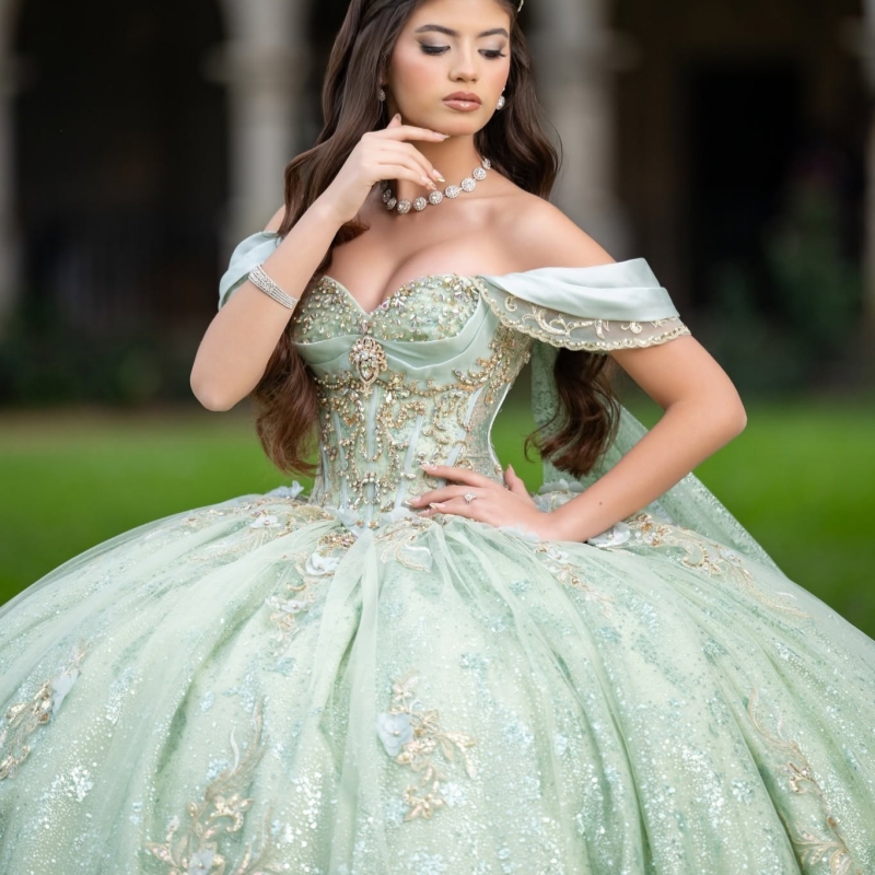 Mint Green Shiny Ball Gown Quinceanera Dresses 2026 Applique Flower Beading Crystal Tull Corset Off Shoulder Sweet 16 Dress Years Vestidos De 15 Anos