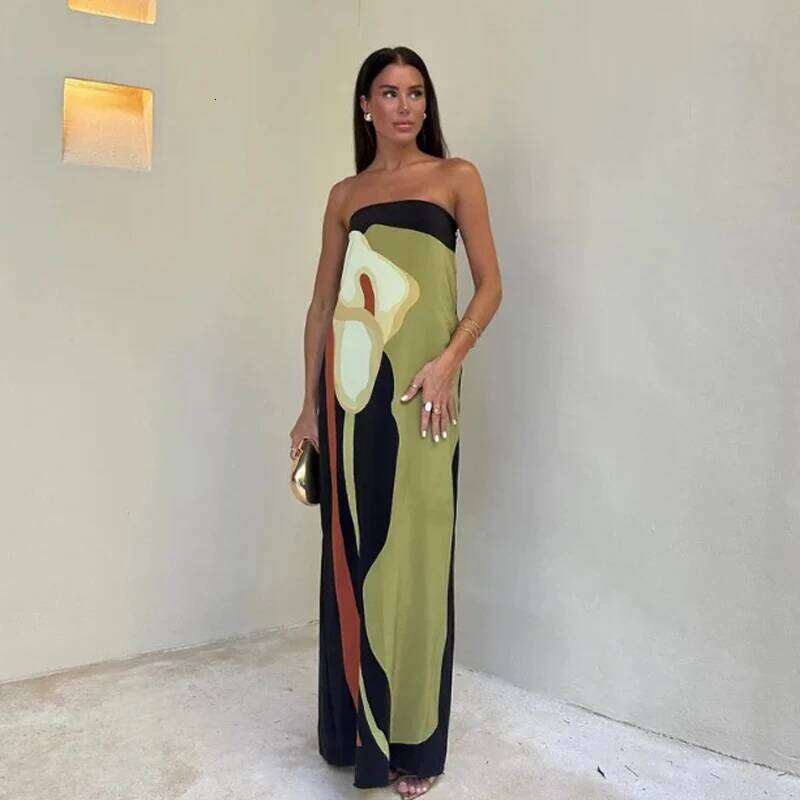 2024 Summer Strapless Backless Flower Printed Long Dress Women Sleeveless Off Shoulder Vestidos Plus Size S-3XL Streetwear C260312