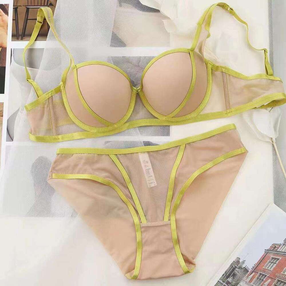 Women Sheer Mesh Bra and Panty Set with Contrast Trim Transparent Lingerie for Everyday Wear or Layering Under Clothing