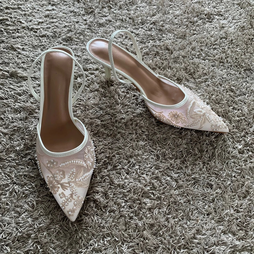 Mesh Embroidered Thin High Heels Sandal 2025 Summer Sexy Slingback Pointed Toe Pumps Dress Shoes Woman Sandalias De Mujer 260306