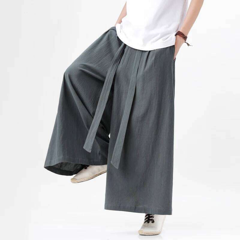 2023 Chinese Style Harajuku Cotton Linen Man Japanese Kimono Pants Male Streetwear Summer Retro Wide-Leg Trousers