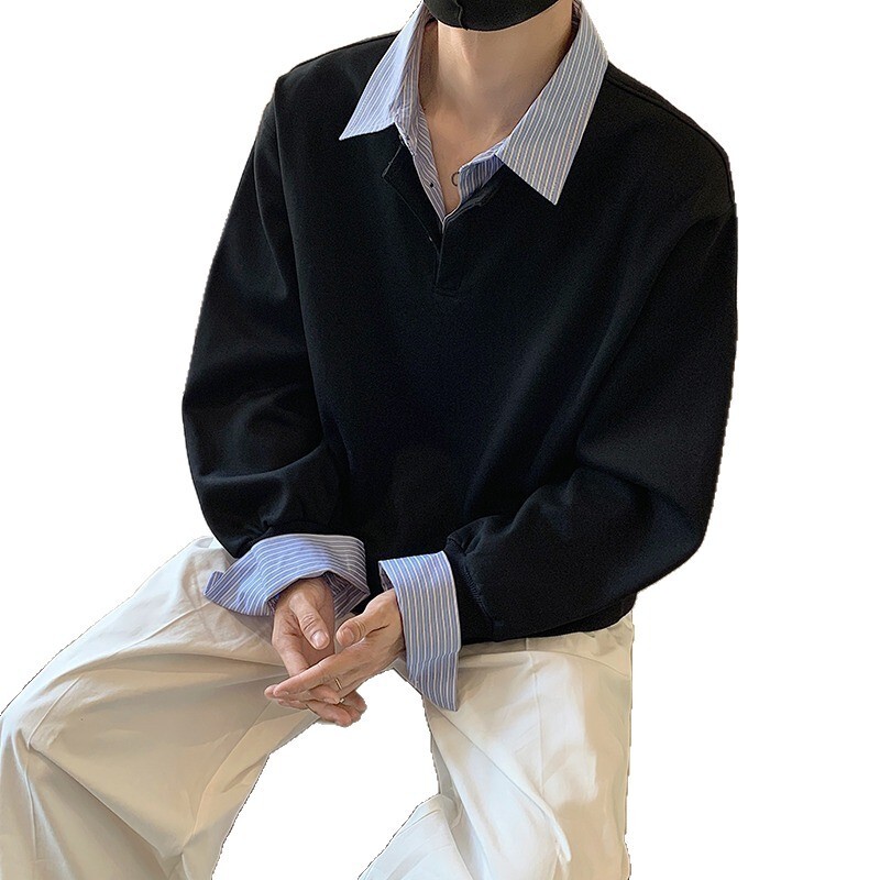 Fake Two-piece Color-blocked Shirt Collar Long-sleeve Fleece-lined Sweatshirt For Designer Hoodie Men Loose Casual Versatile Polo Base Shirt