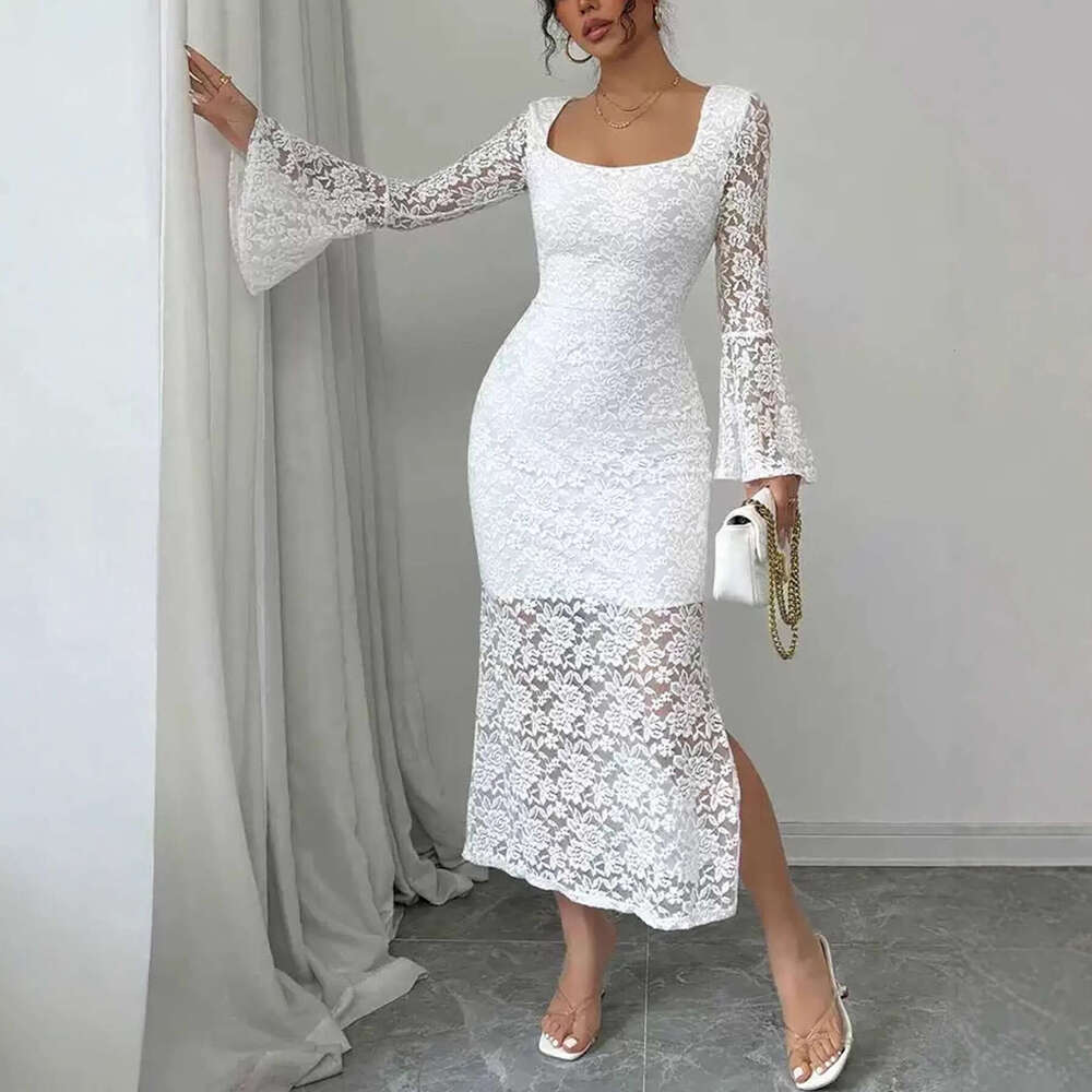 European and American style 2025 autumn new split skirt sexy fashion lace splicing square neck bell sleeve slim-fit dress
