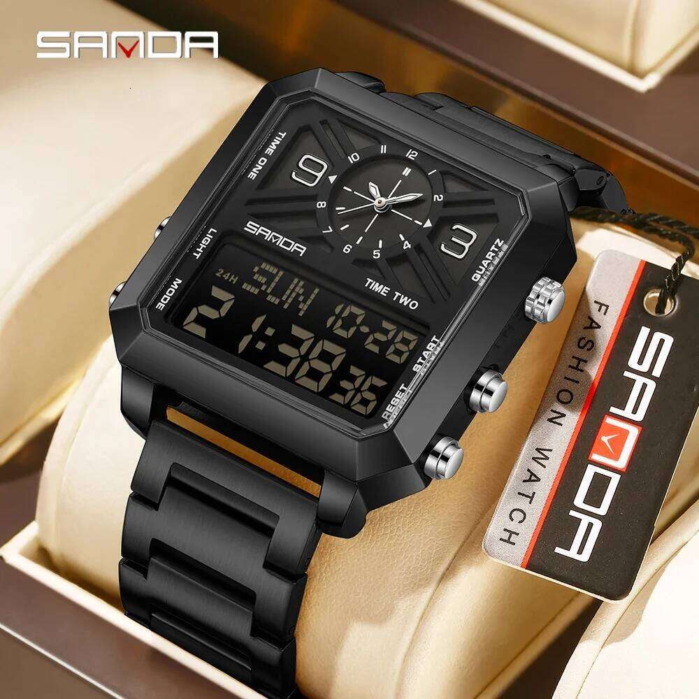 SANDA 6265 Square Display Men's Electronic Quartz Dual Movement 3ATM Waterproof Night Light Sports Business Watch