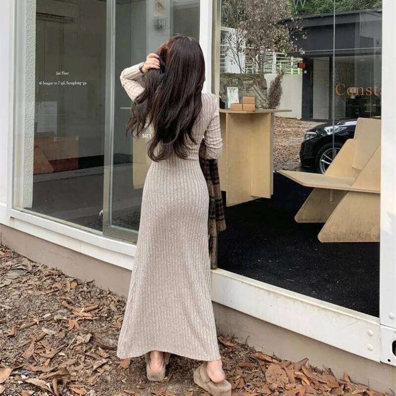 Women French Style Knitted Dress Autumn Winter New Fit Slimming Sweater Long Vestidos Female Small V-neck Silod Color Dresses C260312