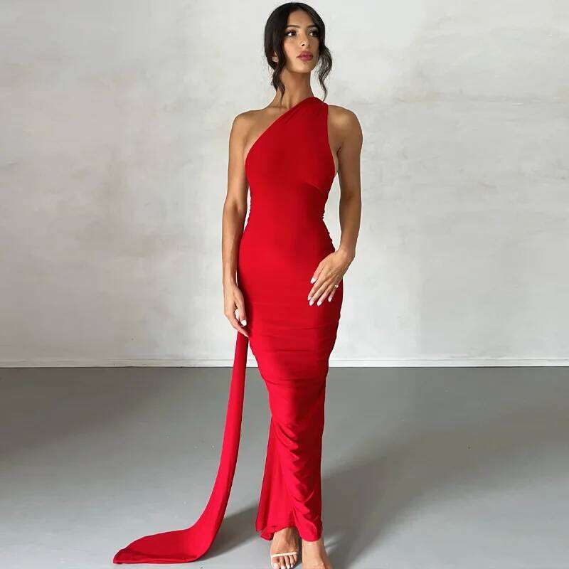 Dulzura One Shoulder Backless Ruched Slim Ribbon Long Women Solid Sexy Elegant Dress Evening Party Club Prom Summer Outfit C260312