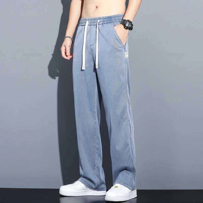 Summer Soft Lyocell Fabric Men's Jeans Thin Loose Straight Pants Drawstring Elastic Waist Korea Casual Trousers Plus Size M-5XL 26Y0312