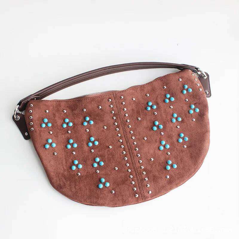 Bohemian Slim Half Moon Bags For Women Luxury Designer Handbags Purse 2025 New In Faux Suede Vintage Rivet Pearl Armpit Shoulder