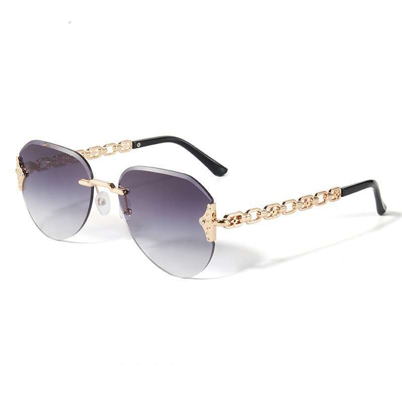 Frameless Cut Edge Light Luxury Women With Metal Chain Temples Hollow Slimming Sunglasses For Beach Photos UV Protection