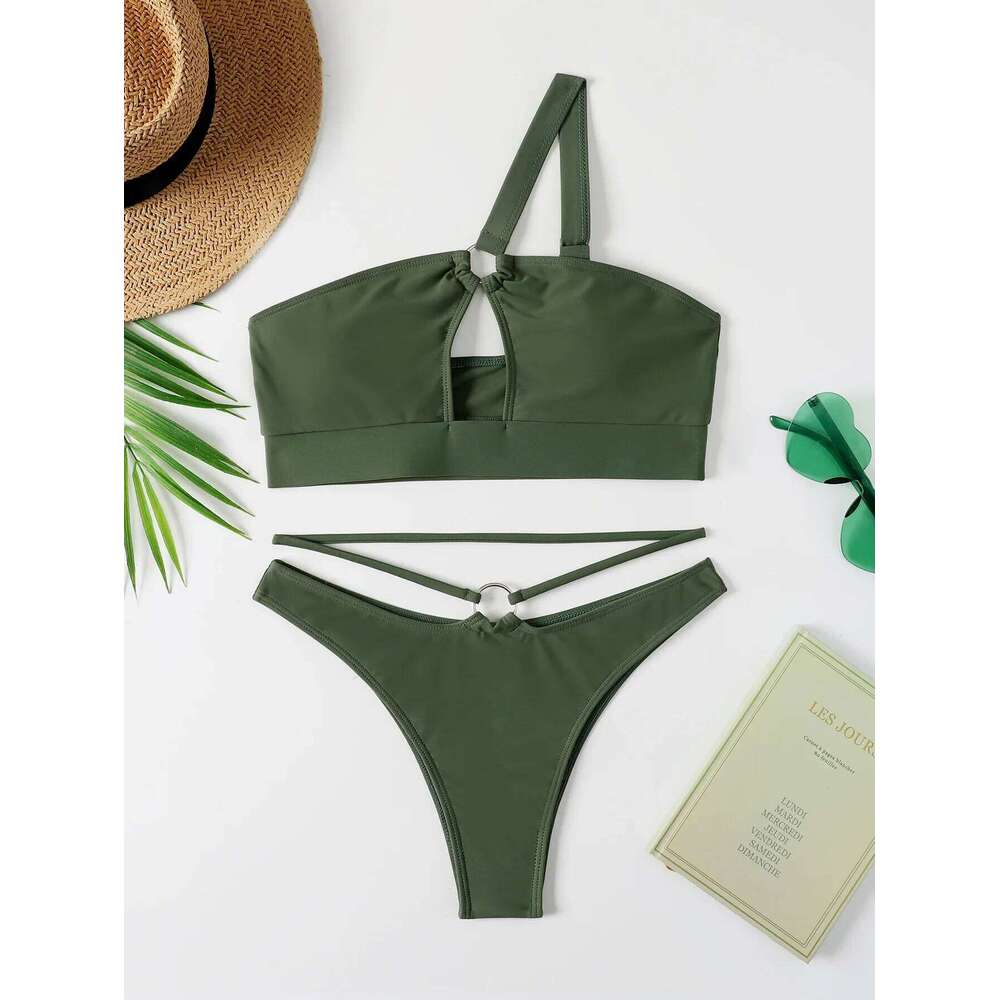 sexy cut one shoulder high waist Bikini Set swimsuit Metal Ring bikini summer hollow out swimwear biquini tankini 2024 mujer Y260303