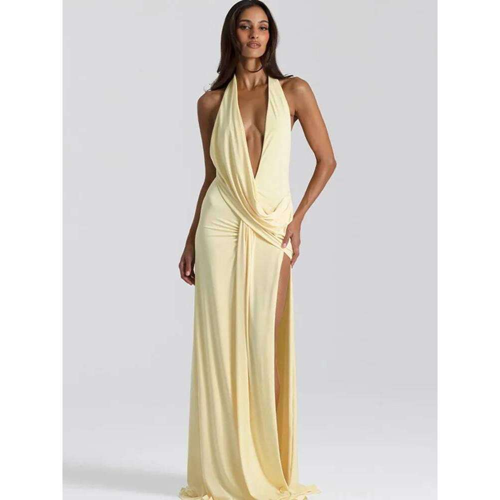 Mozision Halter Deep V Neck Backless Sexy Maxi Dress Women Gown Fashion Irregular Sleeveless Thigh High Split Club Party Dresses C260312