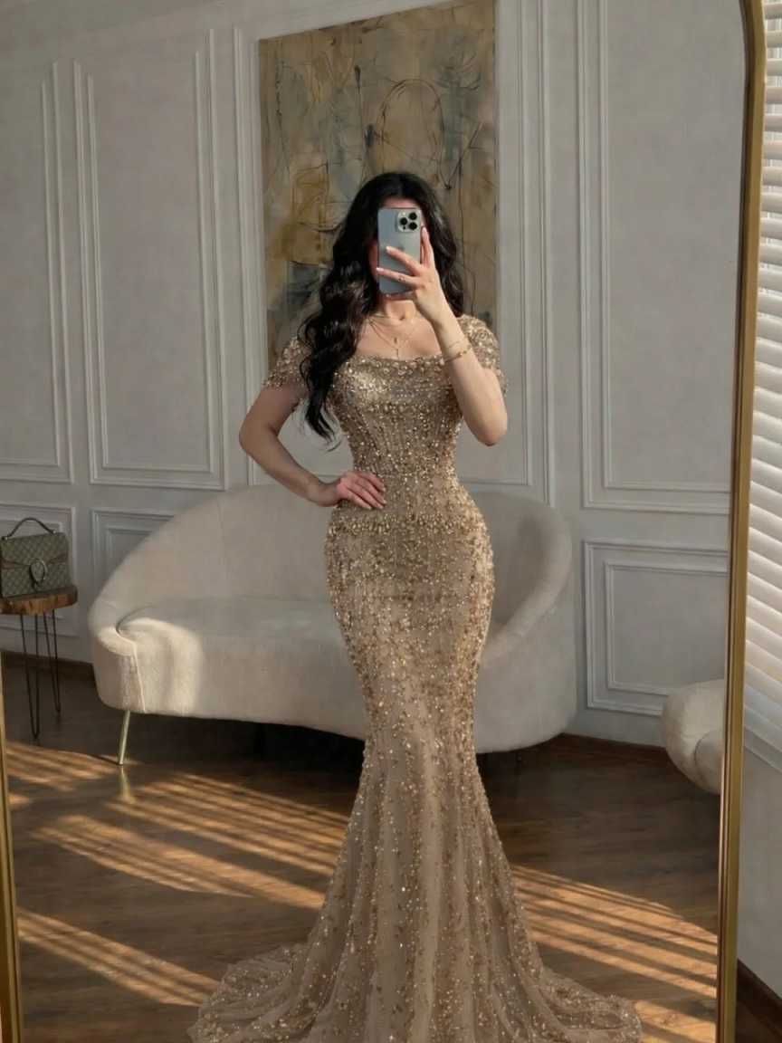 Gold Glitter Mermaid Prom Dresses Off the Shoulder vestidos de noche Elegant Detachable Train Customized Formal Evening