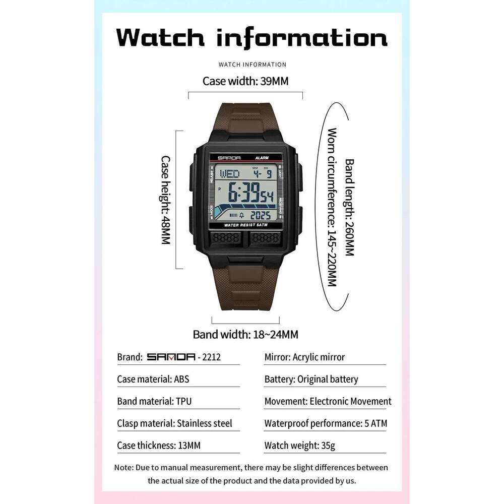 SANDA 2212 Youth Sports Electronic Watch 5ATM Waterproof Night Light Countdown Stopwatch Alarm Clock 3D Stereoscopic Case 2026
